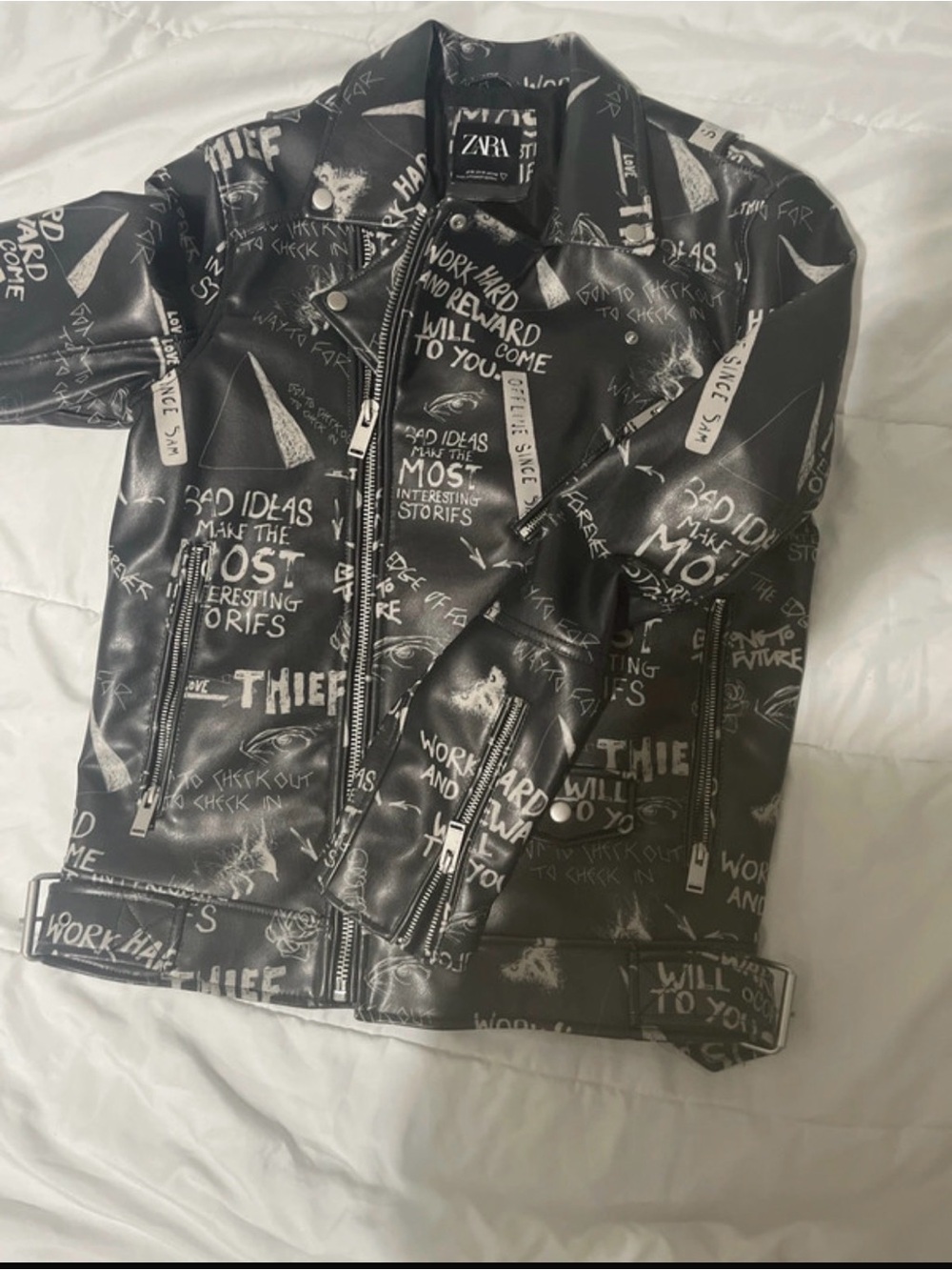 Zara men Black Graffiti Print Faux Leather Biker Jacket